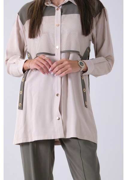 Haki Önü File Detaylı Çift Renk Tunik Pantolonlu Takım 4701409.23