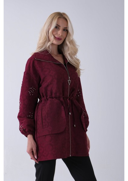 Bordo Üzeri Taş Detaylı Yandan Cepli Trenç 940140177.04