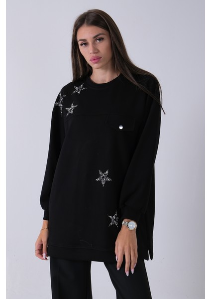 Siyah Üzeri Yıldız Desenli Taş Işlemeli Cep Görünümülü Tunik 940170258.01