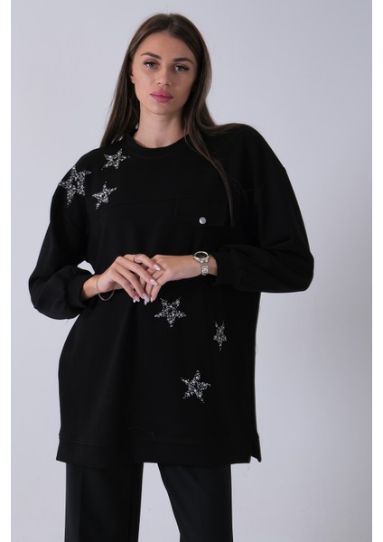 Siyah Üzeri Yıldız Desenli Taş Işlemeli Cep Görünümülü Tunik 940170258.01 modelleri