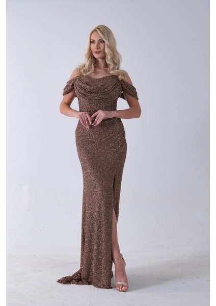 Bakır Düşük Omuz Yırtmaç Detaylı Pul Payet Abiye 9705646.231 indirimleri