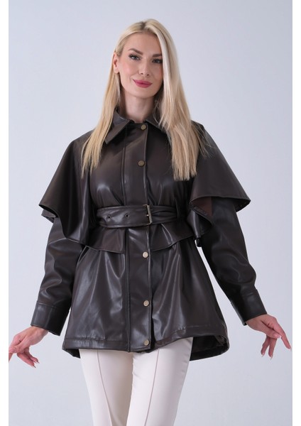 Kahve Yakalı Kendinden Pelerinli Kemerli Deri Ceket 5309366.05