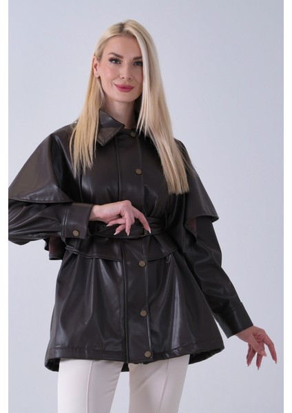 Kahve Yakalı Kendinden Pelerinli Kemerli Deri Ceket 5309366.05 fiyatları