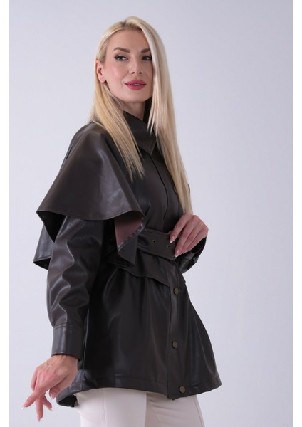 Kahve Yakalı Kendinden Pelerinli Kemerli Deri Ceket 5309366.05 modelleri