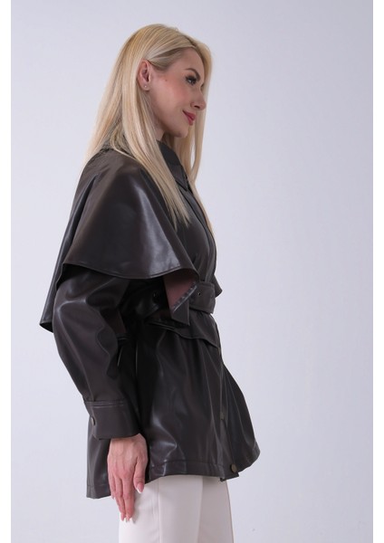 Kahve Yakalı Kendinden Pelerinli Kemerli Deri Ceket 5309366.05 fırsatları