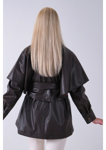 Kahve Yakalı Kendinden Pelerinli Kemerli Deri Ceket 5309366.05 indirimleri