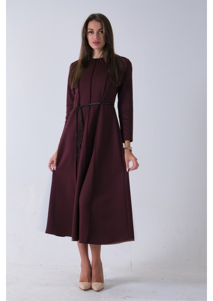 Bordo Bisiklet Yaka Önü Pile Detaylı Beli Kemerli Elbise 4593453.04 fiyatları
