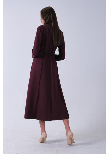 Bordo Bisiklet Yaka Önü Pile Detaylı Beli Kemerli Elbise 4593453.04