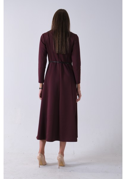 Bordo Bisiklet Yaka Önü Pile Detaylı Beli Kemerli Elbise 4593453.04