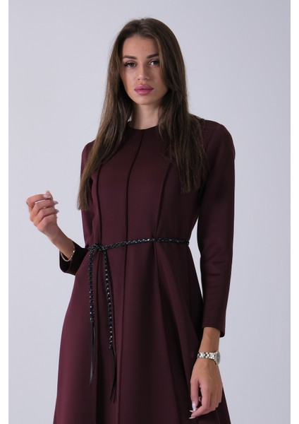 Bordo Bisiklet Yaka Önü Pile Detaylı Beli Kemerli Elbise 4593453.04