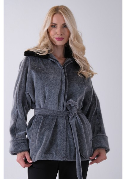 Gri Yakası Kürk Detaylı Kemerli Fermuar Kapamalı Kaşe Ceket 5307098.06 fırsatları