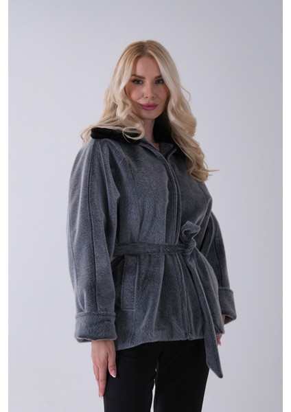 Gri Yakası Kürk Detaylı Kemerli Fermuar Kapamalı Kaşe Ceket 5307098.06