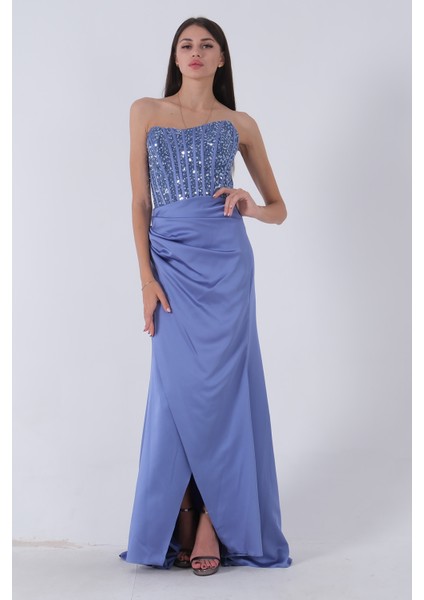 Mavi Göğüs Pul ve Taşlı Saten Abiye 9705294.16