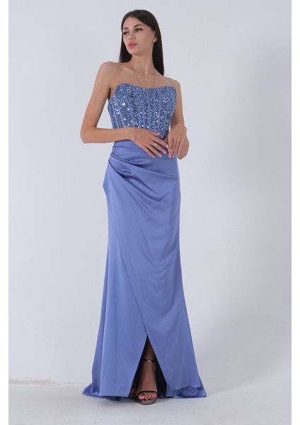 Mavi Göğüs Pul ve Taşlı Saten Abiye 9705294.16 modelleri