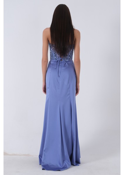 Mavi Göğüs Pul ve Taşlı Saten Abiye 9705294.16