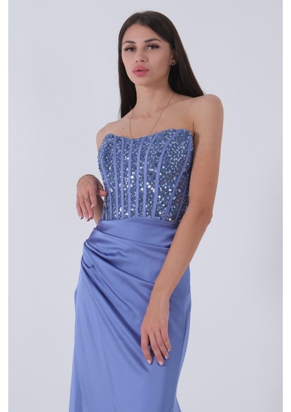 Mavi Göğüs Pul ve Taşlı Saten Abiye 9705294.16