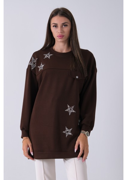 Kahve Üzeri Yıldız Desenli Taş Işlemeli Cep Görünümülü Tunik 940170258.05