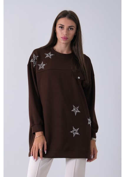Kahve Üzeri Yıldız Desenli Taş Işlemeli Cep Görünümülü Tunik 940170258.05 fiyatları
