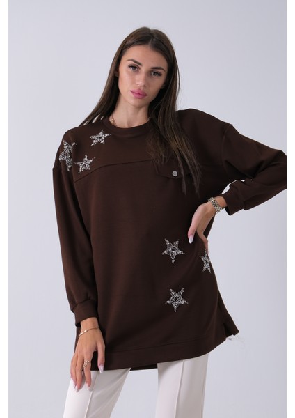 Kahve Üzeri Yıldız Desenli Taş Işlemeli Cep Görünümülü Tunik 940170258.05 modelleri