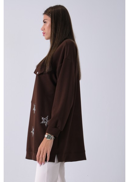 Kahve Üzeri Yıldız Desenli Taş Işlemeli Cep Görünümülü Tunik 940170258.05 fırsatları