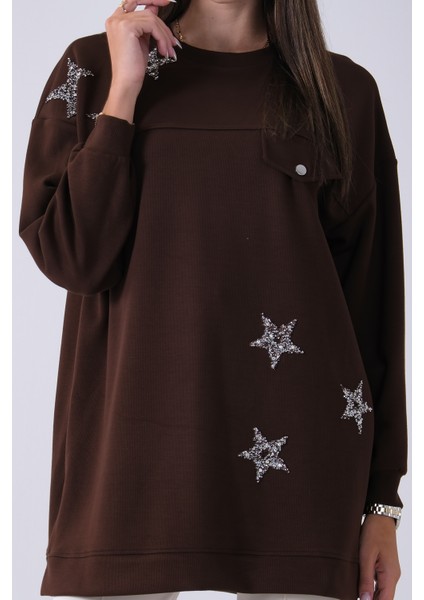 Kahve Üzeri Yıldız Desenli Taş Işlemeli Cep Görünümülü Tunik 940170258.05