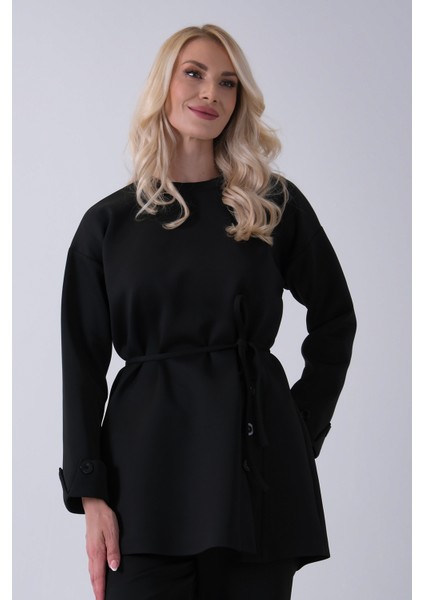 Siyah Bisiklet Yaka Önü Düğme Kapama Görünümlü Pantolonlu Scuba Takım 4592265.01