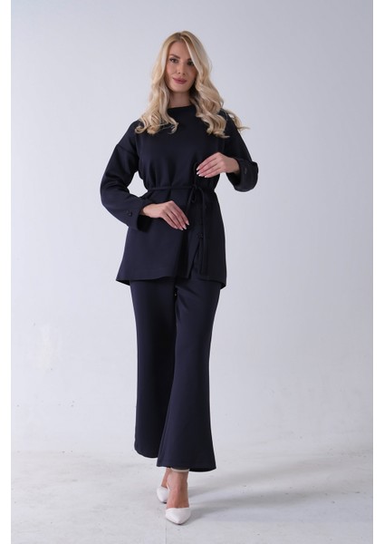 Lacivert Bisiklet Yaka Önü Düğme Kapama Görünümlü Pantolonlu Scuba Takım 4592265.02