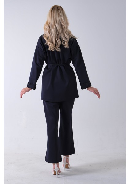 Lacivert Bisiklet Yaka Önü Düğme Kapama Görünümlü Pantolonlu Scuba Takım 4592265.02