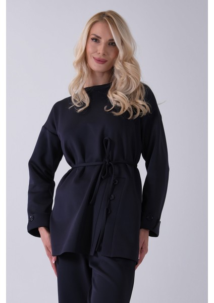 Lacivert Bisiklet Yaka Önü Düğme Kapama Görünümlü Pantolonlu Scuba Takım 4592265.02