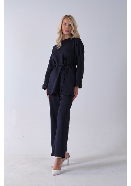 Lacivert Bisiklet Yaka Önü Düğme Kapama Görünümlü Pantolonlu Scuba Takım 4592265.02