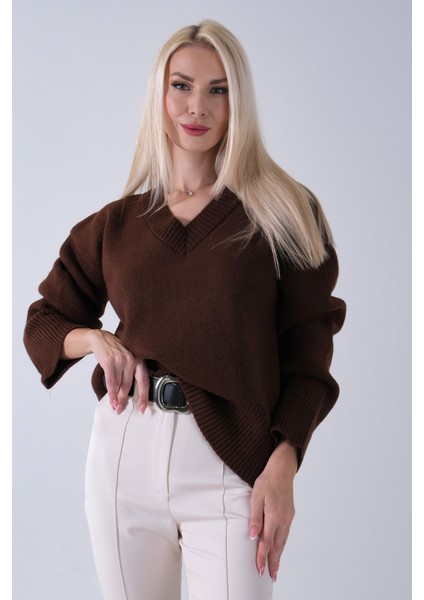 Kahve V Yaka Beli Lastikli Triko Kazak 46892623.05