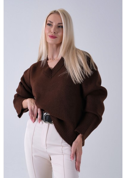 Kahve V Yaka Beli Lastikli Triko Kazak 46892623.05 fiyatları