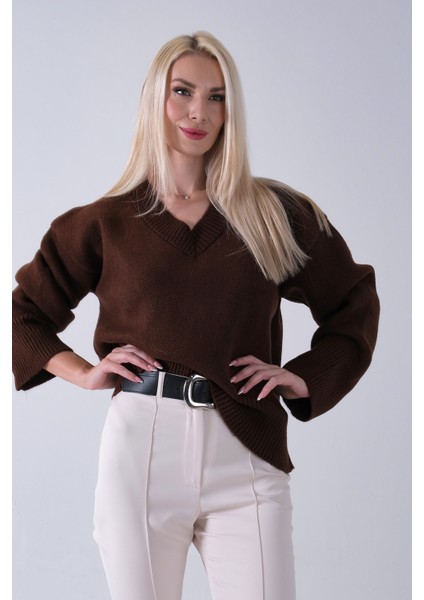 Kahve V Yaka Beli Lastikli Triko Kazak 46892623.05 fırsatları