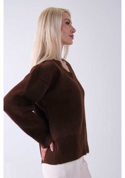 Kahve V Yaka Beli Lastikli Triko Kazak 46892623.05