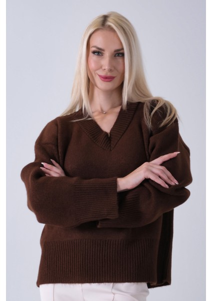 Kahve V Yaka Beli Lastikli Triko Kazak 46892623.05