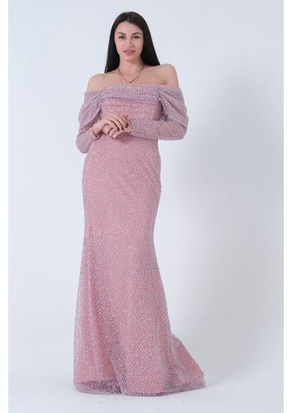 Pudra Kayık Yaka Simli Uzun Kol Abiye 9705266.79