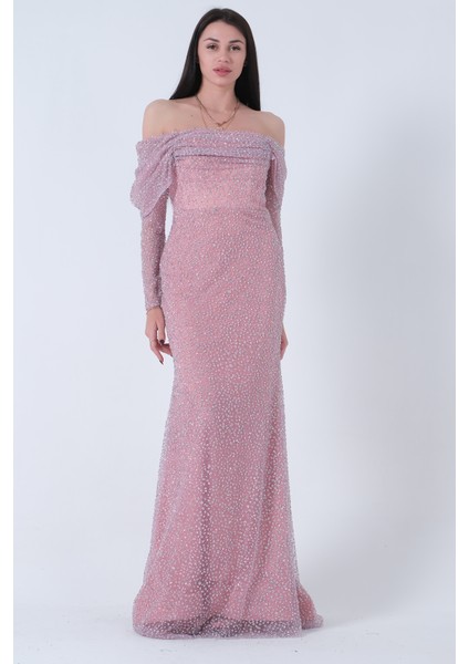 Pudra Kayık Yaka Simli Uzun Kol Abiye 9705266.79 fiyatları