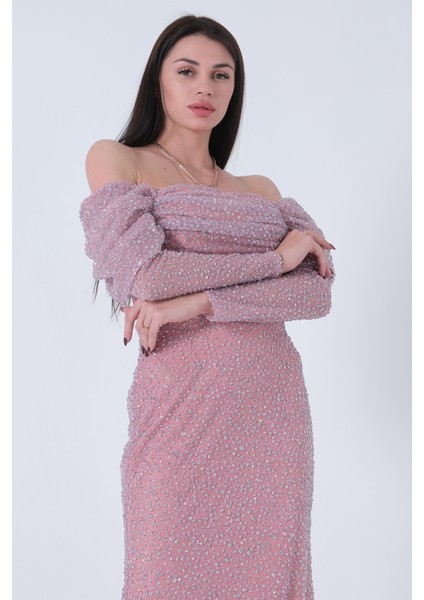 Pudra Kayık Yaka Simli Uzun Kol Abiye 9705266.79