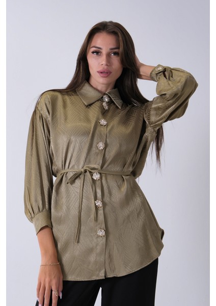 Haki Gömlek Yaka Düğme Kapamalı Bel Bağlamalı Tunik 4595331.23