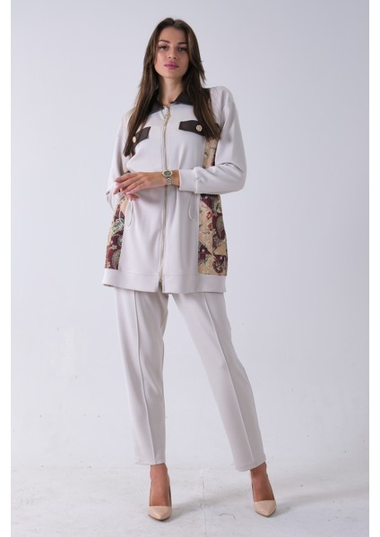 Taş Üzeri Desenli Yaka Deri Detaylı Fermuar Kapamalı Tunik Pantolonlu Takım 4703058.50 fiyatları