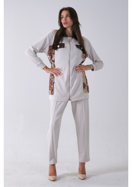 Taş Üzeri Desenli Yaka Deri Detaylı Fermuar Kapamalı Tunik Pantolonlu Takım 4703058.50 modelleri
