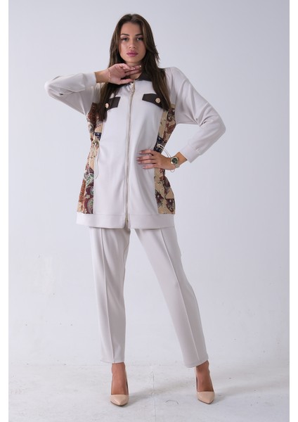 Taş Üzeri Desenli Yaka Deri Detaylı Fermuar Kapamalı Tunik Pantolonlu Takım 4703058.50 fırsatları