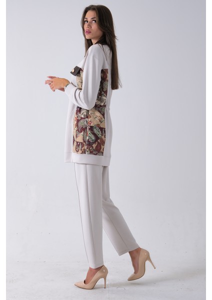 Taş Üzeri Desenli Yaka Deri Detaylı Fermuar Kapamalı Tunik Pantolonlu Takım 4703058.50 indirimleri