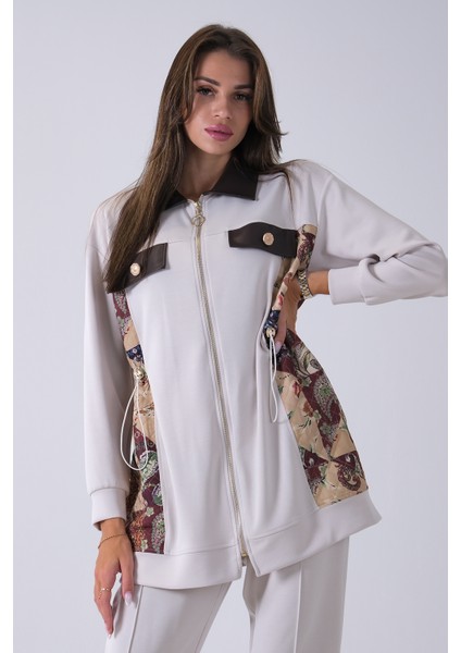 Taş Üzeri Desenli Yaka Deri Detaylı Fermuar Kapamalı Tunik Pantolonlu Takım 4703058.50