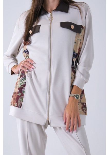 Taş Üzeri Desenli Yaka Deri Detaylı Fermuar Kapamalı Tunik Pantolonlu Takım 4703058.50