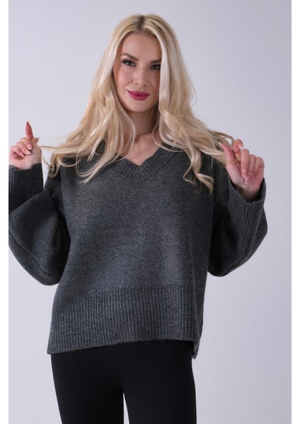 Antrasit V Yaka Beli Lastikli Triko Kazak 46892623.315