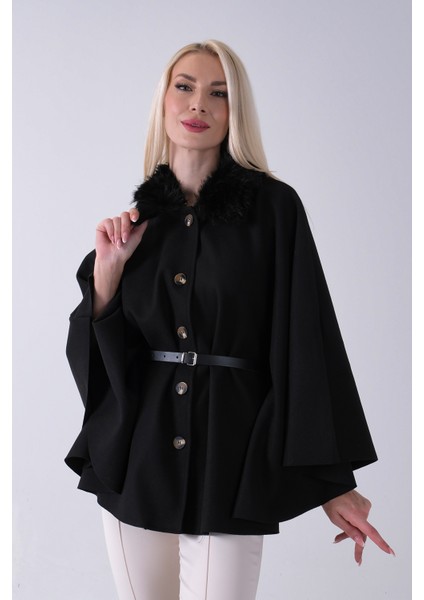 Siyah Önü Düğme Kapamalı Kemerli Yakası Kürklü Panço 47122714.01 fiyatları