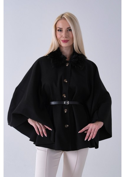 Siyah Önü Düğme Kapamalı Kemerli Yakası Kürklü Panço 47122714.01 modelleri
