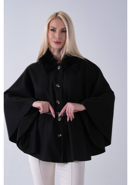 Siyah Önü Düğme Kapamalı Kemerli Yakası Kürklü Panço 47122714.01 fırsatları