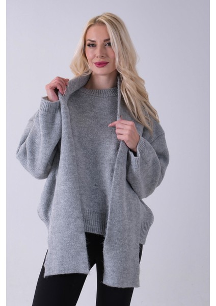 Gri Şal Aksesuarlı Bisiklet Yaka Triko Kazak 46892633.06 fırsatları